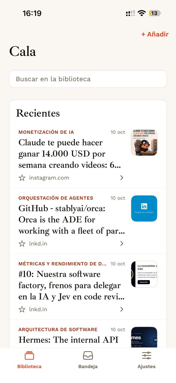 Cala móvil mostrando la biblioteca y sus enlaces recientes