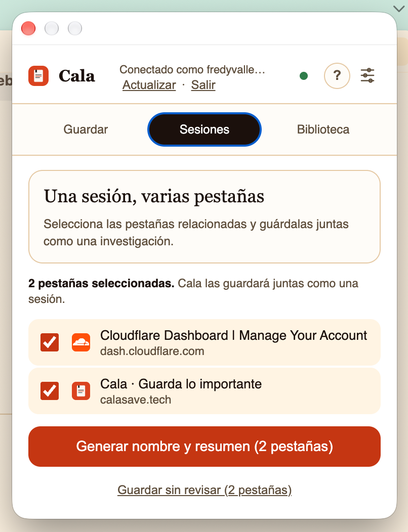 Extensión de Cala reuniendo varias pestañas en una sesión